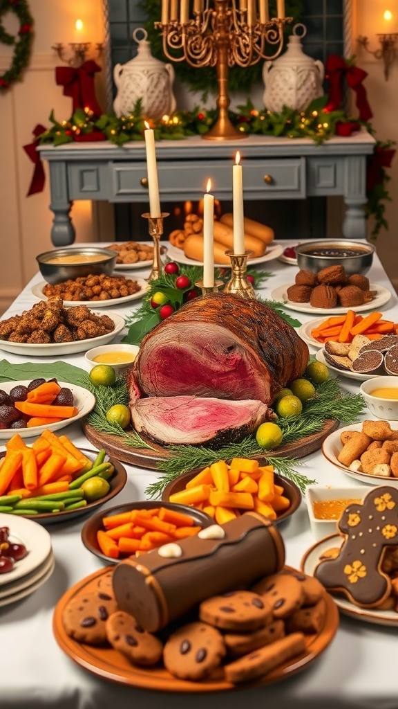 Gourmet Christmas Dinner Ideas Gourmet Christmas dinner table with prime rib, sides, and desserts, decorated for the holiday.